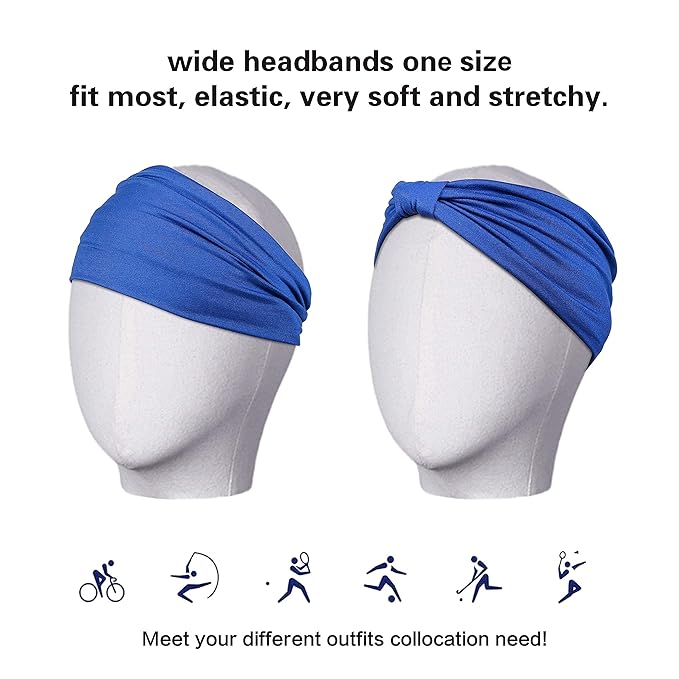 GiLi 2 Pack Wide Headbands for Women Boho African Knotted Non Slip Fashion Hair Bands Yoga Running Sports Workout Gym Head Wraps Elastic Soft Cotton Cloth Turbans Bandana for Girls(Black, Blue)