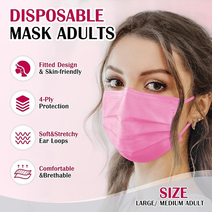 Disposable Face Mask For Adults - Travel Essentials, 100 Pack Individually Wrapped, 4 Ply Protection,Safety Masks Disposable