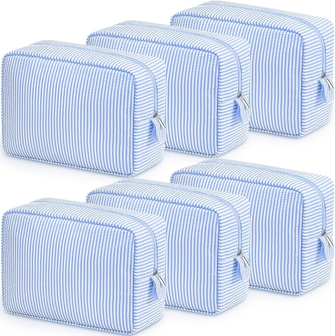 Sanwuta 6 Seersucker Cosmetic Bag Bulk Pinstripe Makeup Bag for Women Aesthetic Cute Travel Toiletry Organizer Preppy Storage Pouch for Wedding Bridesmaid Christmas Gift (Large,Light Blue)