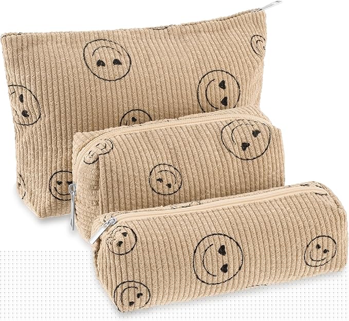 3 Pcs Makeup Bag Set for Women Corduroy Cosmetic Pouch Aesthetic Smile Travel Toiletry Bag Cute Purse Pouch Pencil Case Makeup Brushes Storage Organizer with Zipper(Khaki,Smile Face)