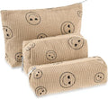 3 Pcs Makeup Bag Set for Women Corduroy Cosmetic Pouch Aesthetic Smile Travel Toiletry Bag Cute Purse Pouch Pencil Case Makeup Brushes Storage Organizer with Zipper(Khaki,Smile Face)