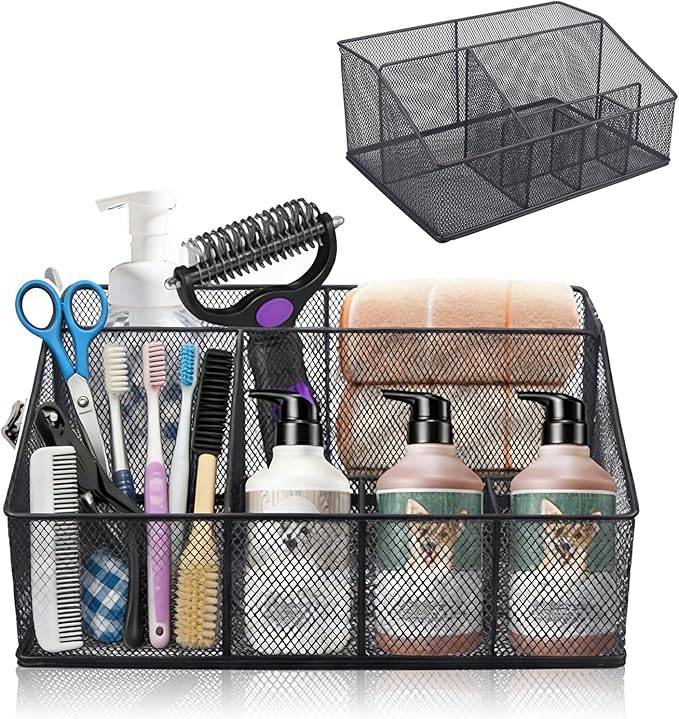 Universal Pet Grooming Supplies Organizer, 6-Compartment Mesh Wire Dog Storage Organizer for Grooming Supplies, Cat Blanket, Shampoo, Trimmer, Clipper, Brush