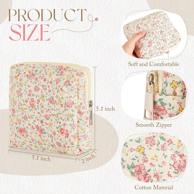 Paterr 4 Pcs Mini Quilted Floral Makeup Bag Women Gifts Small Cosmetic Bag Floral Quilted Makeup Pouch with Zipper Cute Travel Toiletry for Mom Teacher Women Girls Gifts(Pink, Orange Flower)