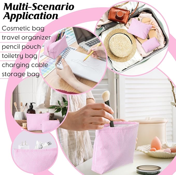 2 Pcs Makeup Bag Set Cute Cosmetic Pouch for Women Seersucker Travel Toiletry Bag Preppy Small Makeup Purse Pouch Aesthetic Skincare Brushes Storage Organizer for Valentine Women(Pink)