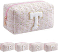 JOVAKIT Alphabet Makeup Bag Cosmetic Bag for Women, Christmas Gifts for Girls Age 6-18, Floral Flowers Coquette Travel Toiletry Zipper Make Up Pouch Organizer Trendy Stuff (Pink Floral T)