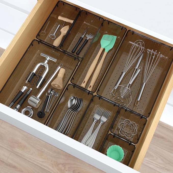 23 PCS Clear Plastic Drawer Organizers Set, 4 Size Desk Drawer Organizer Trays for Makeup, Jewelry, Kitchen Utensils, Gadgets and Office Accessories, Black