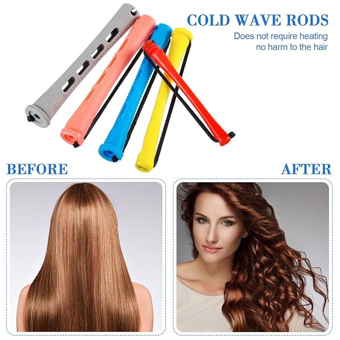 WILLBOND 60 Pieces Hair Perm Rods Set Plastic Cold Wave Perming Rods for Natural Hair Long Short Curling Rollers with Rat Tail Comb for Hairdressing(Bright Color,Assorted Size)