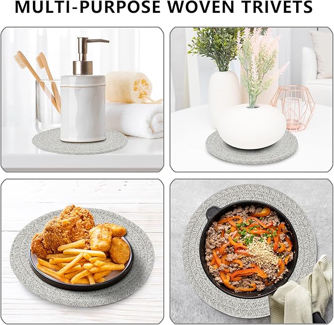 Coga Trivets for Dishes, Pots and Pans - 7 Inch Hot Pads, 5 Pcs with Storage Basket - Cotton Table Protector, Heat Resistant (Grey)
