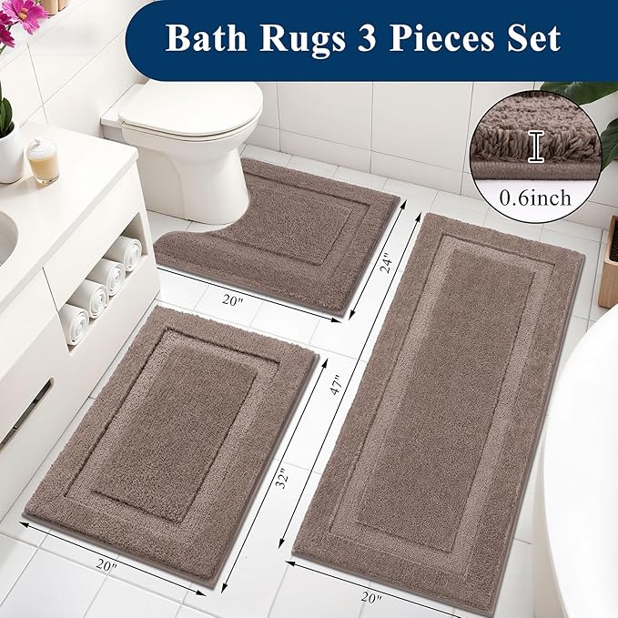SHACOS Brown Bathroom Rugs Sets 3 Piece, 20"x32" + 20"x47" Non Slip Bath Mat 20"x24" U Shaped Toilet Rugs Washable, Soft Fluffy Water Absorbent Bathroom Floor Mat Rug