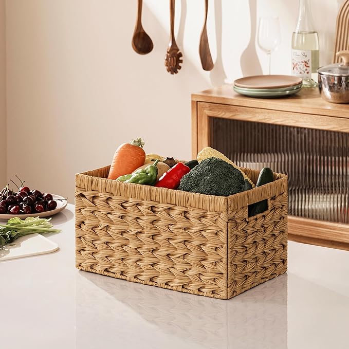 UBBCARE Storage Baskets with Label, Wicker Pantry Baskets for Shelves, Waterproof Woven Basket for Organizing, 2-Pack Plastic Rectangle Organizers with Handles,Natural (13.4L×8.3H×7.1W)