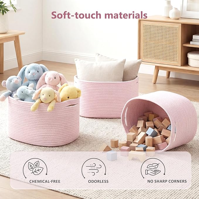 Cotton Rope Storage Basket, 15x10x9 Inches, Woven Basket for Shelves, Clothes, Towels, Books, and Laundry, Light Pink (3 Pack)