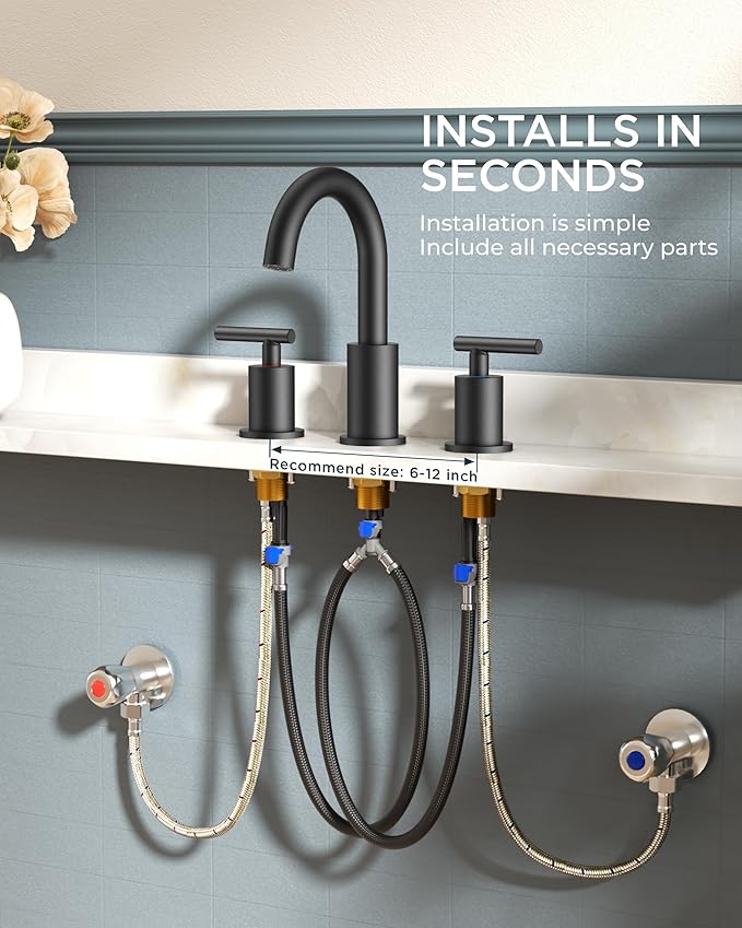 FORIOUS 2 Pack Black Bathroom Faucet 3 Hole, 8" Widespread Matte Black Bathroom Sink Faucet with 360°Swivel Spout, Suitable for 6-12 Inch Vanity Sink, with Metal Pop-up Drain and Supply Line