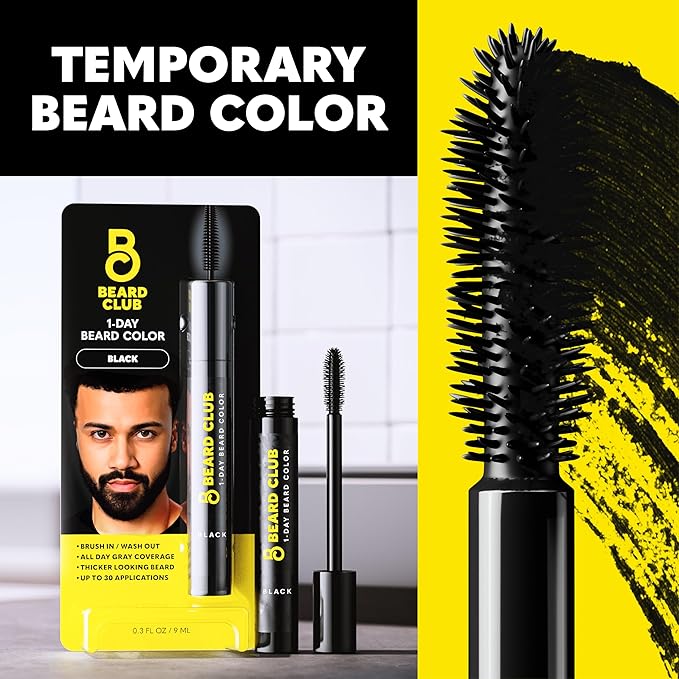 The Beard Club 1 Day Temporary Beard Dye for Men - Black Beard, Mustache & Eyebrow Color for a Fuller, Well-Defined Look, Water & Sweat Resistant, Up to 30 Applications, 0.3 fl oz
