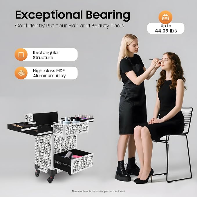 Rolling Makeup Manicure Storage Case, Makeup Trolley Rolling w/4 Universal Wheels Professional Aluminum Cosmetic Trolley Cases w/lock for Studio or Travelling (Silver)