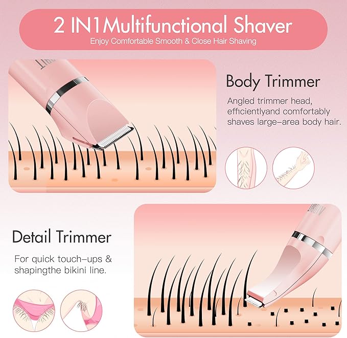 Electric Bikini Trimmer for Women - 2 in 1 Electric Lady Clipper Pubic Hair Groomer Painless Hair Removal Razor Body Shaver, Portable Ladies Shaver with 2 Trimmer Heads, IPX7 Waterproof
