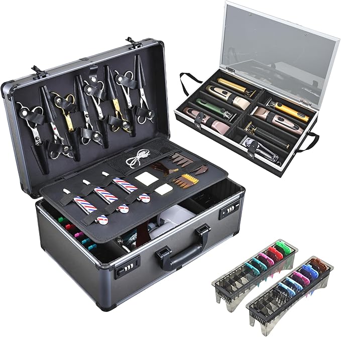 Professional Barber Case - Portable Barber Tool Case Hair Clipper Organizer with Combo Locks, Detachable Trays for Clippers, Shears, Razors, Trimmers - Secure Storage for Barbershop or Travel