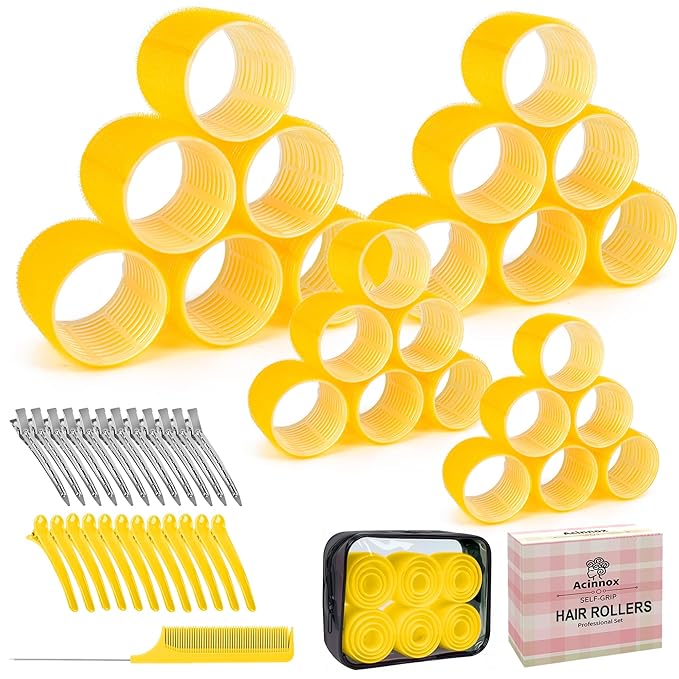 4 Sizes Self-Grip Hair Rollers Set with Clips - 4 Sizes for Long, Short Hair & Bangs (25mm, 36mm, 48mm, 60mm), (YELLOW, 4 Sizes)