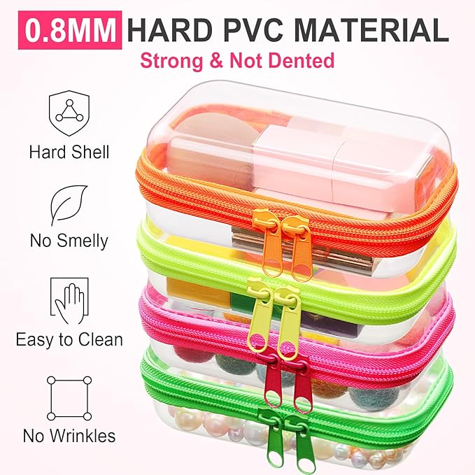 Hoolerry 4 Pcs Hard Clear Zipper Case Makeup Bags Plastic Zipper Pouch Transparent Storage Box Containers for Cosmetics, Snacks, Building Blocks, Puzzles(Clear,5 x 3 x 2 in,Fluorescent)