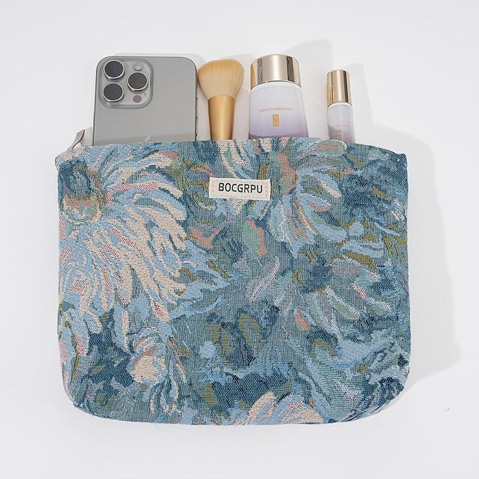 2 PCS Makeup Bag Small Cute Cosmetic Bags for Women，Floral Travel Toiletry Bag for Purse, Large Canvas Cosmetic Pouch Makeup Organizer Tool Pouch with Zipper（Blue Flower）