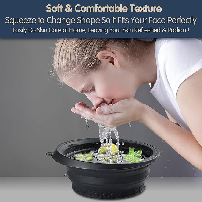 Silicone Face Ice Bath Bowl with Built-In Icetray,Silicone and Foldable Face Tub,Ice Bath Water Chiller,Skin Tightening and Acne Relief for Home & Travel (Black)