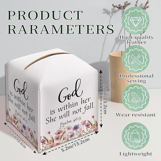 Christian Bible Verses Tissue Box Cover Square, Inspirational Quotes Waterproof Leather Tissue Box Holder, Flowers Paper Facial Tissue Box Covers Cube for Office Bathroom Home Prayer Room Decor