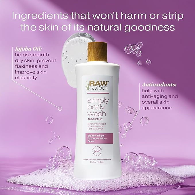 RAW SUGAR Simply Body Wash, Beach Rose + Coconut Milk + Shea (25 Fl Oz, Pack of 1) Sensitive Skin Bath Soap, Formulated without SLS/SLES & Parabens