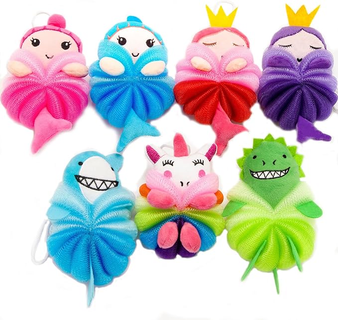 MURRI&MURRDI 3 Pack Kids Cartoon Bath Sponges - Cute Animal Shower Poufs for Toddlers, Gentle Exfoliating Body Scrubber & Mesh Loofah Gift Set for Boys Girls