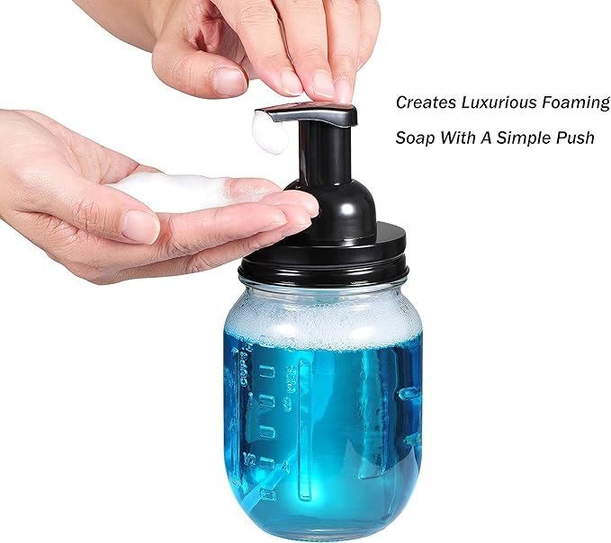 Amolliar Mason Jar Foaming Soap Dispenser Pump Lid, Refillable Plastic Pump, Rustproof Stainless Steel Lid for Regular Mouth Jar, Cute Farmhouse Decor, Hand Soap for Bathroom, Kitchen, Black 4 Pack