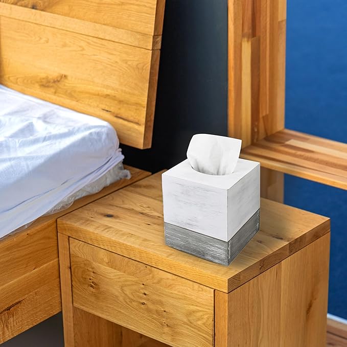 MyGift Tissue Box Cover Square Vintage White and Distressed Gray Wood Bathroom Tissue Box Dispenser Holder with Slide-Out Bottom Panel, Farmhouse Tissue Box Holder 5.5 x 5.5 x 6.3 Inches