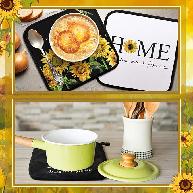 Bencailor 12 Pcs Pot Holders with Pocket Kitchen Hot Potholders Hot Pad Oven Mitts Cookie Bag Oven Gloves for Kitchen Gift Baking Cooking(Yellow,Black and White Sunflower)