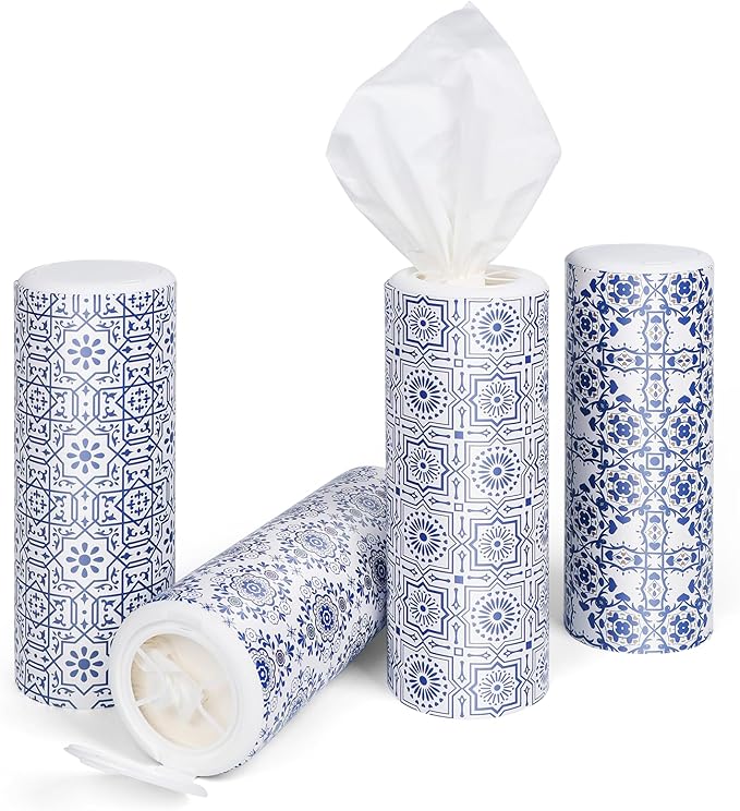 CLOVER Car Tissue Holder with Facial Tissues Bulk,4 Tubes Lotion, Travel Tissues for Cup Holder, Car tissues Cylinder with Gift Wrapping(3-ply,200 Sheets)