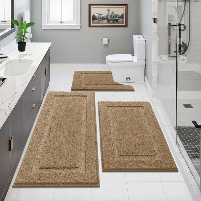SHACOS Soft Fluffy Bathroom Runner Rugs Set of 3 Bath Mats with U Shape Toilet Rugs Non Slip Washable Bath Rugs Absorbent Bathroom Accessories Carpet for Shower Tub, Khaki