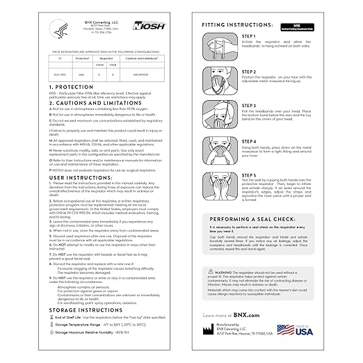 AccuMed BNX N95 Mask Black NIOSH Certified MADE IN USA Particulate Respirator Protective Face Mask (20-Pack, Approval Number TC-84A-9315 / Model H95B) Black