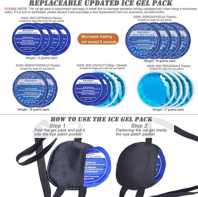 Cooling Eye Patches for Puffy Eyes, Pure Silk Ice Eye Patch, Single Eye Mask, Medical One Eye Cover Cold Hot Therapy Strabismus Lazy Eyes After Surgery Adult Kid Pirate Eyepatch (Big&Small Black)