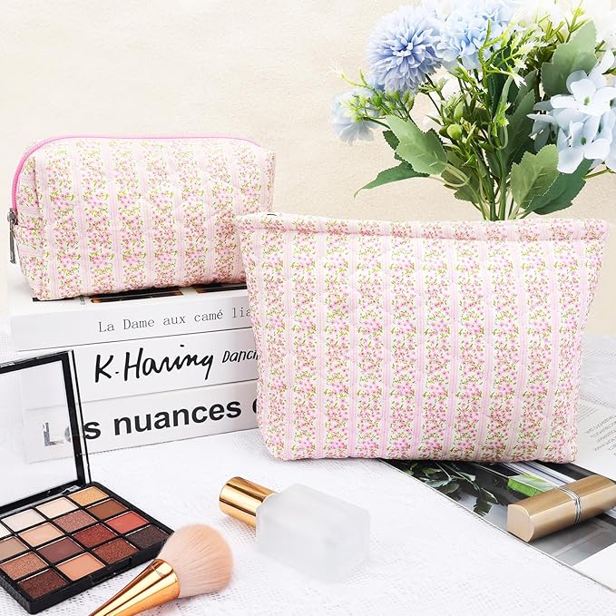 2Pcs Small Makeup Bag Quilted Cosmetic Bag Flower Pencil Case Travel Makeup Bag Set for Women Cute Cosmetic Pouch Aesthetic Cotton Toiletry Organizer Storage Bags Puffy Zipper Pouch Christmas Gifts C