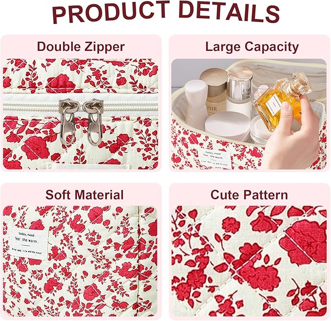 3Pcs Makeup Bag Cotton Quilted Travel Cosmetic Bag Cute Floral Makeup Pouch Large Toiletry Bag for Women Girls