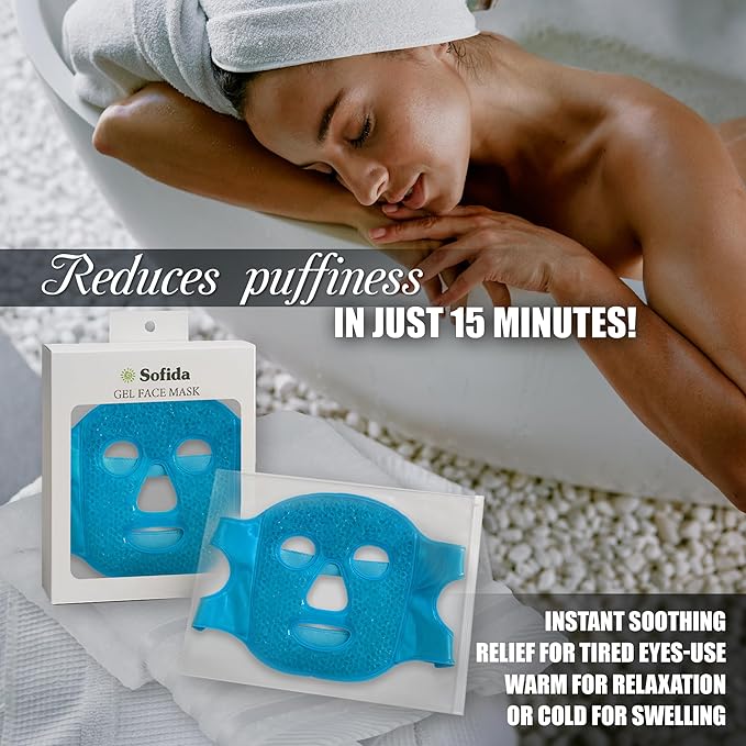 Cold Hot Gel Face Eye Mask - Reduce Puffy Dark Circles Bags Under Eyes Migraines Stress Relief - Heat Ice Therapy Pack Compress - Sinus Pressure Acne Headaches Relaxation (Blue)