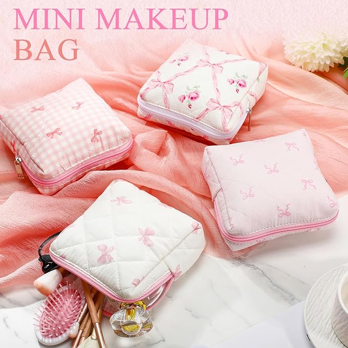 Paterr 4 Pcs Mini Quilted Floral Makeup Bag Women Gifts Small Cosmetic Bag Floral Quilted Makeup Pouch with Zipper Cute Travel Toiletry for Mom Teacher Women Girls Gifts(Coquette Bow, Flower)