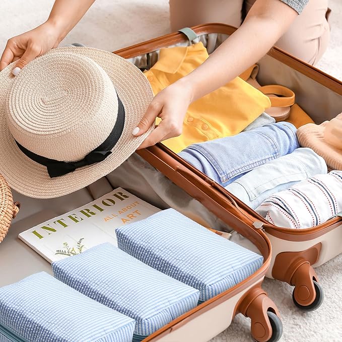 Sanwuta 12 Pcs Seersucker Cosmetic Bags Bulk Seersucker Makeup Bags Stripe Women Pouch Large Preppy Storage Pouch Toiletry Travel Organizer for Wedding Bridesmaid Bride Favor Mom Gift (Light Blue)