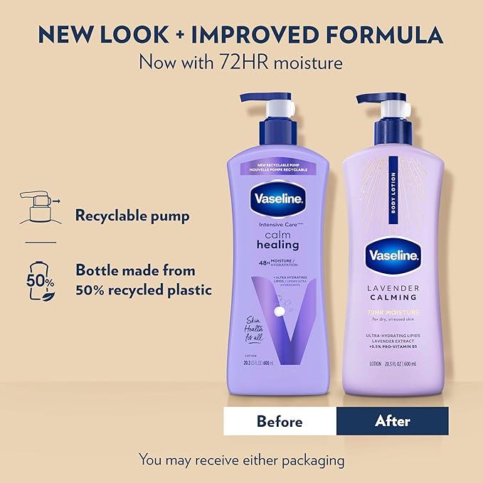 Vaseline Intensive Care Calm Healing Body Lotion 3 count for Dry Skin Made with Ultra-Hydrating Lipids and Lavender Extract to Heal and Restore Dry Skin 20.3 oz