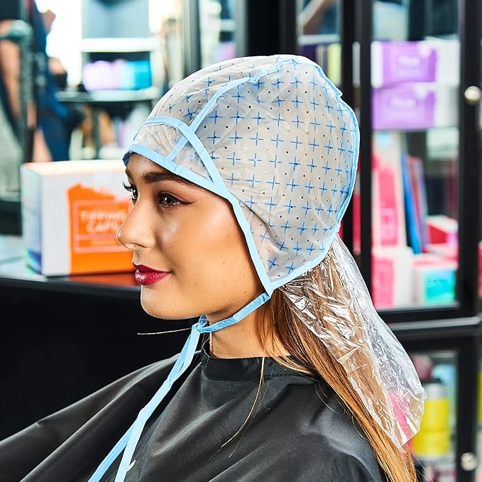 Colortrak 48 Disposable Caps with 4 Needles Kit for Tipping, Hair Color and Highlighting, Lined Cap with Neck Protector Minimizes Color Bleeding, Pull-Out Visor Protects Face - Blue