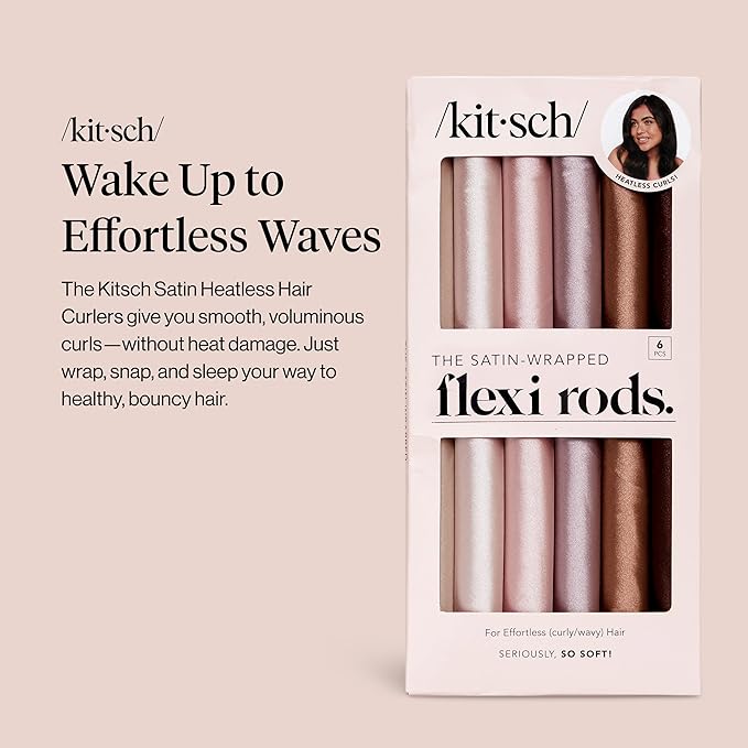 Kitsch Satin Hair Curlers, Heatless Curling Rod - Flexi Rod for Heatless Curls Overnight for Women, Comfortable Hair Curlers to Sleep In for Frizz-Free, No Heat Damage Styling - 6 pcs, Rosewood