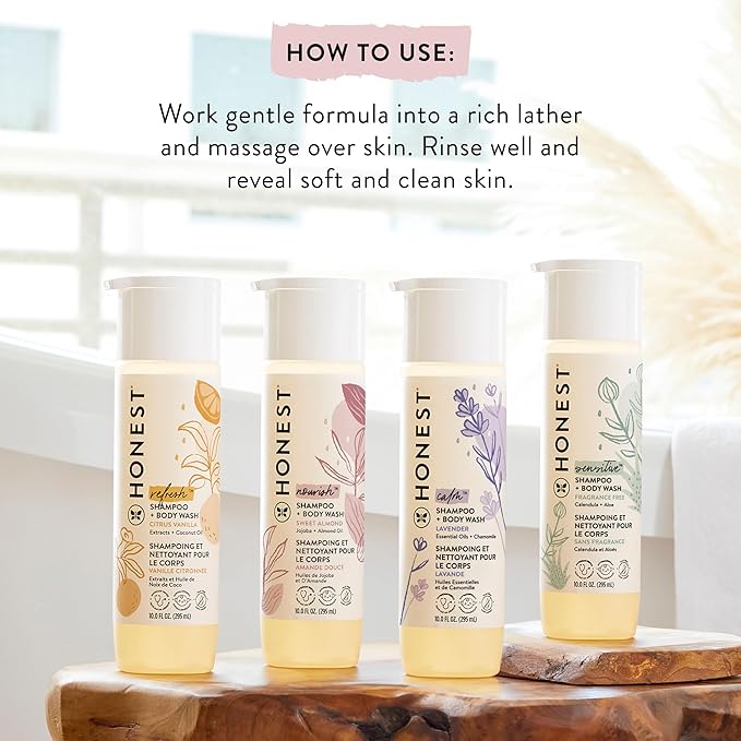 The Honest Company 2-in-1 Cleansing Shampoo Body Wash Gentle for Baby, Naturally Derived, Tear-free, Hypoallergenic, Lavender Calm, 18 fl oz