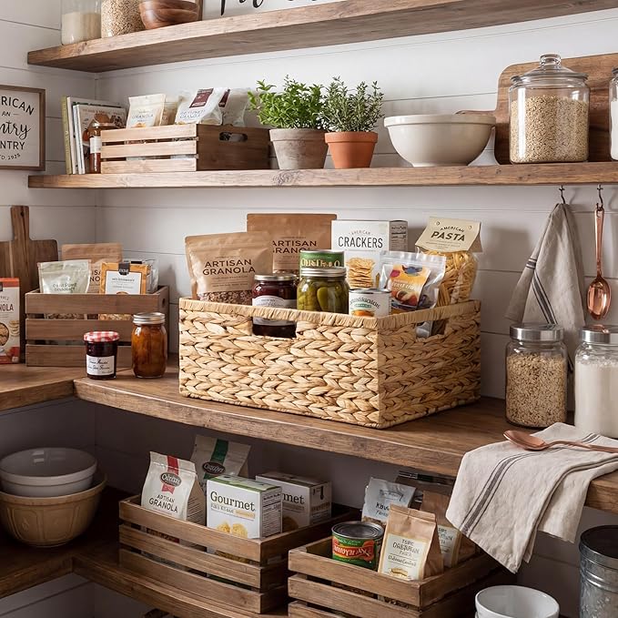 GRANNY SAYS Wicker Storage Baskets for Shelves, Water Hyacinth Wicker Basket, Large Woven Baskets for Storage, Rectangular Shelf Baskets with Handles for Pantry Shelves,1-Pack