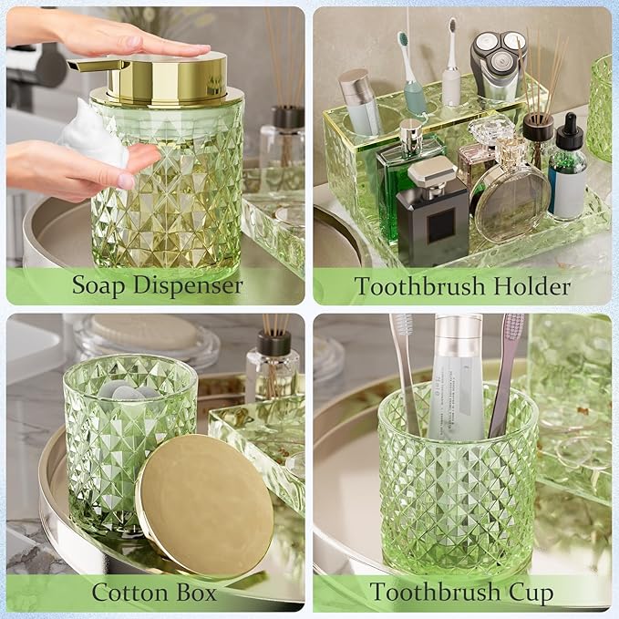 Bathroom Accessories Set - 20PCS Green Glass Bathroom Set with Shower Curtain and Rugs, Soap Dispenser, Soap Dish, Cup, Qtip Jar, Toothbrush Holder, Stylish & Functional Bath Decor for Home, Apartment