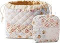 HAPPYHEIDI Floral Cotton Quilted Makeup Bag Set 2 Cosmetic Toiletry Travel Pouch w Pocket Purse Organizer 2-Size