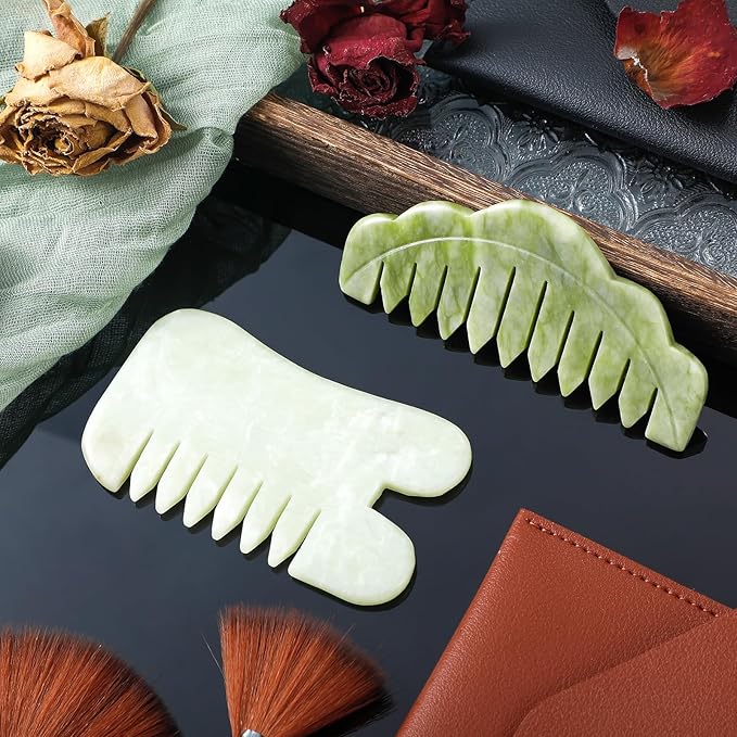 Geiserailie 2 Pcs Jade Combs Esthetician Supplies Massage Stone Hair Gua Sha Scraping Scalp Comb Facial Massage Tool Handheld Head Tools Head Caring Therapy Mother's Day for Women(Chic Style)