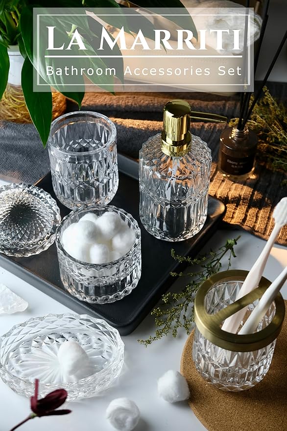 Glass Bathroom Accessories Set, 5pcs Crystal Clear Bathroom Set Accessories, Soap Dispenser, Toothbrush Holder Set, Soap Dish, Tumbler, Qtips Holder for Vintage Bathroom Decor, Gift Set