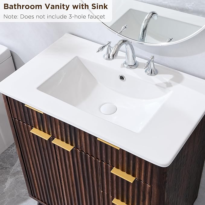 T4TREAM 30" Fluted Bathroom Vanity with Ceramic Sink Combo，Freestanding Modern Bathroom Storage Vanity Cabinet with 2 Soft Closing Doors & 3 Drawers，Wood Grain Texture，Metal Handle，Dark Walnut