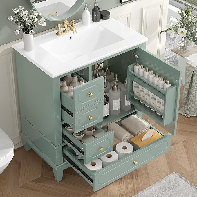 30" Bathroom Vanity with Sink, Harper & Bright Designs Free Standing Single Vanity Set with 3 Drawers and One Door with Storage Racks, Wood Storage Cabinet with Ceramic Basin for Bathroom, Light Green